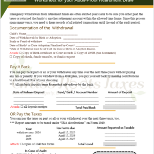 Worksheet for Retirement withdrawals for a New Child